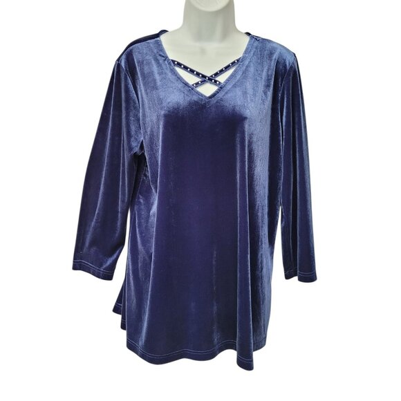 Quacker Factory Blue Velour Top M V-Neck Rhinestone Long Sleeve 90s Y2K Vtg - Picture 1 of 12